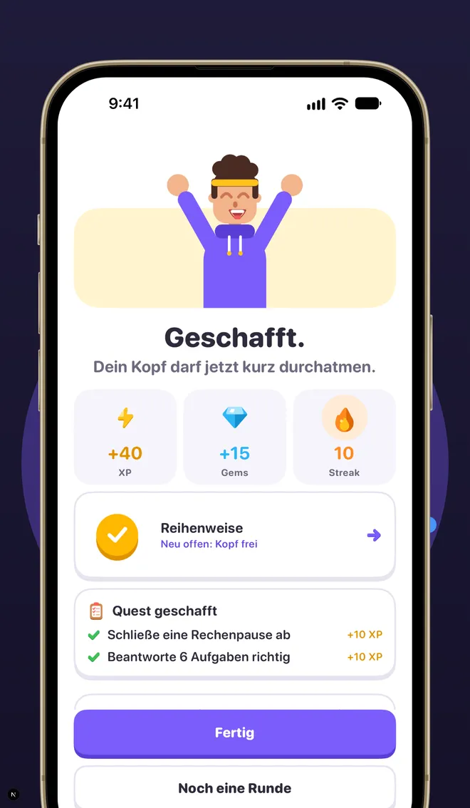 Abschlussbildschirm: „Geschafft“ mit XP, Gems, Streak und erfüllter Tagesquest.