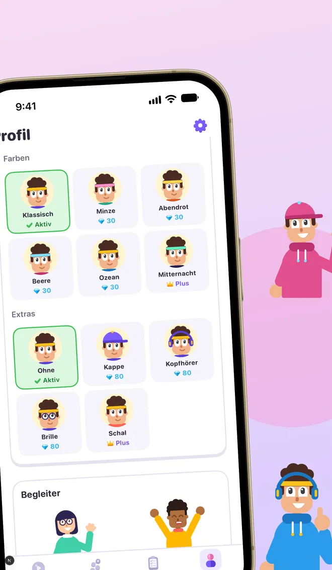 Profil mit Outfits für Toni: Farben wie Klassik, Mint und Sonnenuntergang sowie Extras wie Cap und Kopfhörer.
