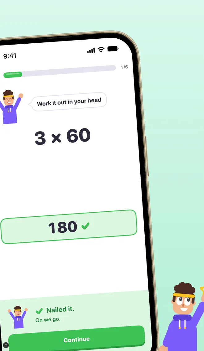 Feedback screen: the answer 180 is marked correct and Toni says “Nailed it.”