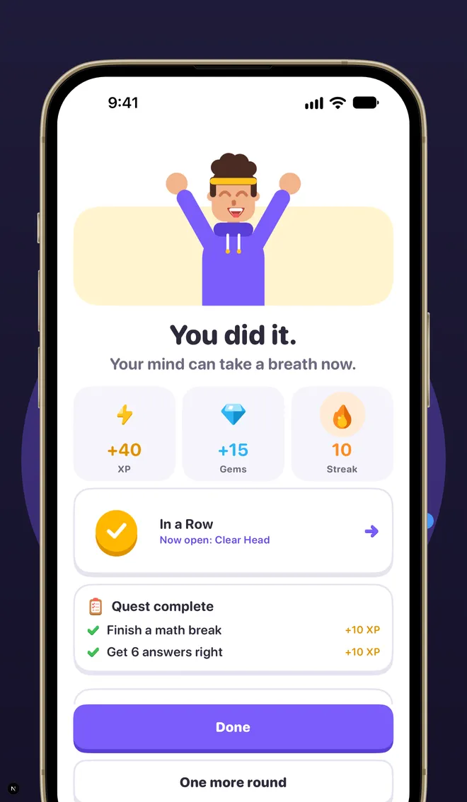 Completion screen: “You did it.” with +40 XP, +15 gems, a 10-day streak and a completed daily quest.
