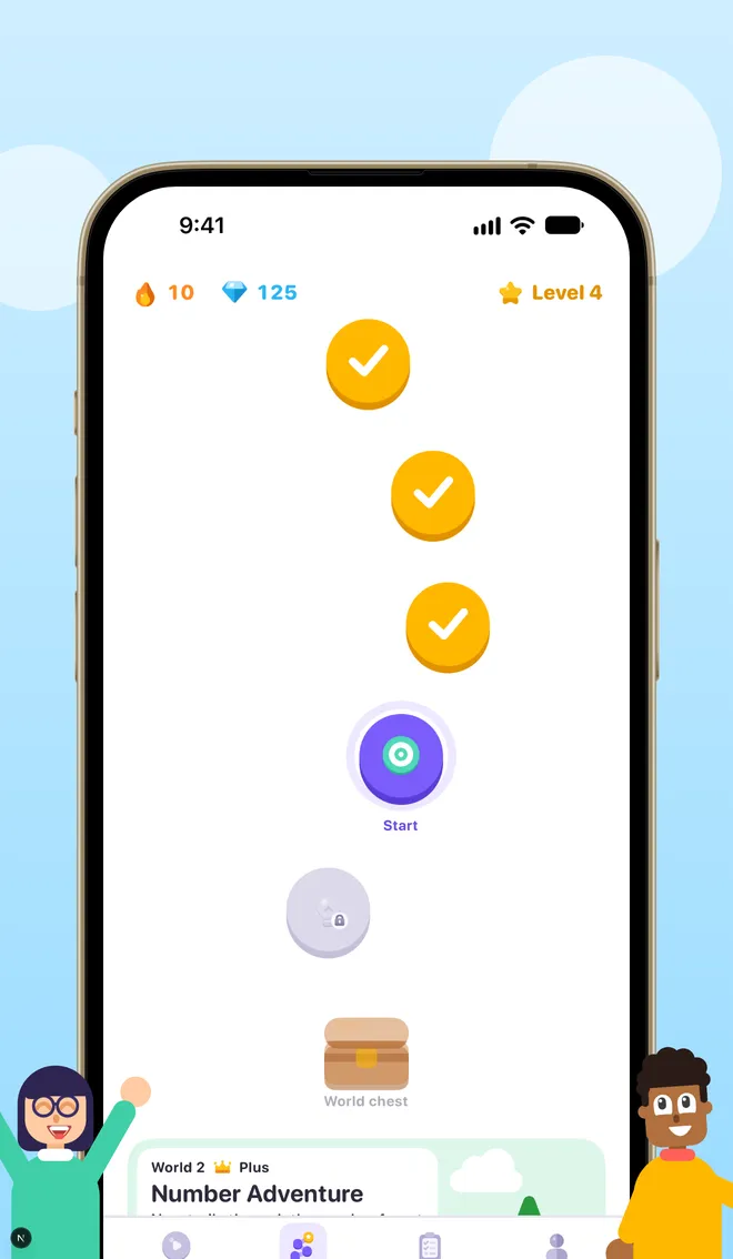 Path screen: completed nodes with check marks lead to the current node and a world chest.