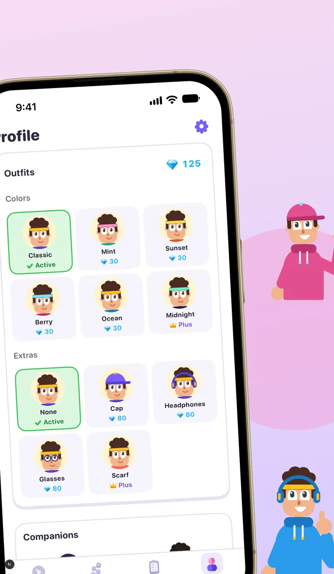 Profile screen with outfit options for Toni: colors such as Classic, Mint and Sunset and extras such as cap and headphones.